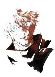 Rule 34 | 1boy, black jacket, blood, blood in hair, blood on face, blue eyes, colored eyelashes, eyelashes, gojou satoru, hair between eyes, head tilt, high collar, highres, jacket, jujutsu kaisen, looking at viewer, male focus, moyashi san4, nosebleed, partially colored, portrait, serious, simple background, solo, tears, white background, wide-eyed