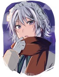 Rule 34 | 1girl, asa (coco), blue eyes, braid, commentary request, gloves, izayoi sakuya, long sleeves, looking at viewer, maid headdress, parted lips, red scarf, scarf, short hair, silver hair, single braid, solo, touhou, upper body, white gloves