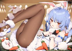 Rule 34 | 1girl, animal ear fluff, animal ears, bare shoulders, black gloves, blue hair, blush, box, braid, breasts, brown pantyhose, carrot, carrot hair ornament, detached sleeves, don-chan (usada pekora), dress, food-themed hair ornament, fur-trimmed dress, fur trim, gloves, hair between eyes, hair ornament, highres, holding, holding carrot, hololive, in box, in container, itohana, legs up, long hair, lying, on back, pantyhose, parted lips, pekomon (usada pekora), rabbit ears, red eyes, shoes, short eyebrows, short sleeves, small breasts, solid oval eyes, solo, sweat, thick eyebrows, twin braids, twintails, usada pekora, usada pekora (1st costume), virtual youtuber, white dress, white footwear