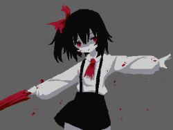 1girl ascot black_hair black_skirt blood blood_spray bow closed_mouth closed_umbrella collared_shirt colored_skin cookie_(touhou) cowboy_shot grey_background hair_bow holding holding_umbrella long_sleeves looking_at_viewer no_lineart pixel_art red_ascot red_bow red_eyes red_umbrella shirt side_ponytail simple_background siyudi_(cookie) skirt smile solo sparseseethe suspender_skirt suspenders umbrella white_shirt white_skin