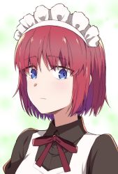 Rule 34 | 1girl, azami masurao, blue eyes, closed mouth, hisui (tsukihime), looking at viewer, maid, maid headdress, pink hair, short hair, simple background, solo, tsukihime, upper body, white background