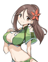 Rule 34 | 1girl, amagi (kancolle), breasts, brown eyes, brown hair, cleavage, drawstring, eyebrows hidden by hair, flower, green shirt, hair flower, hair ornament, highres, kantai collection, long hair, midriff, navel, one-hour drawing challenge, ponytail, sakikumo (sakumo), shirt, simple background, solo, white background, wide ponytail
