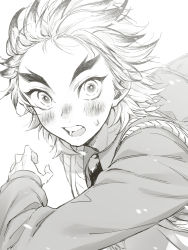 Rule 34 | 1boy, absurdres, blush, collared shirt, colored tips, floating hair, forked eyebrows, from side, greyscale, highres, kimetsu no yaiba, long sleeves, looking at viewer, looking to the side, male focus, monochrome, multicolored hair, necktie, open mouth, petals, portrait, rengoku toujurou, running, school uniform, seiseizeaaaa, shirt, short hair, simple background, solo, streaked hair, sweatdrop, sweater vest