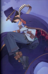 Rule 34 | 00s, 1girl, absurdres, androgynous, boogiepop, boogiepop (character), brown hair, chain, cloak, closed eyes, hat, highres, official art, ogata kouji, profile, scan, short hair, solo, strap