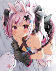 Rule 34 | 1girl, ahoge, animal ears, bare shoulders, bed sheet, black bow, black gloves, black skirt, blush, bow, breasts, collarbone, commentary request, dutch angle, frilled skirt, frills, garter straps, gloves, hair bow, hair ornament, hands up, long hair, looking at viewer, lying, multicolored hair, natsume eri, on side, parted lips, pink hair, purple eyes, rabbit ears, short eyebrows, single thighhigh, skirt, small breasts, solo, streaked hair, stuffed animal, stuffed cat, stuffed rabbit, stuffed toy, thick eyebrows, thighhighs, tomari mari, tomari mari channel, very long hair, virtual youtuber, white thighhighs, x hair ornament