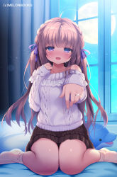 Rule 34 | 1girl, :d, ahoge, aran sweater, bare shoulders, blush, braid, brown hair, brown skirt, cable knit, collarbone, commentary request, crying, crying with eyes open, curtains, fingernails, full moon, glint, hair ribbon, hand up, happy tears, indoors, jewelry, long hair, long sleeves, looking at viewer, melonbooks, moon, night, night sky, no shoes, off-shoulder sweater, off shoulder, open mouth, piyodera mucha, purple eyes, purple ribbon, ribbon, ring, sitting, skirt, sky, sleeves past wrists, smile, socks, solo, stuffed animal, stuffed dolphin, stuffed toy, sweater, tears, very long hair, wariza, white socks, white sweater, window