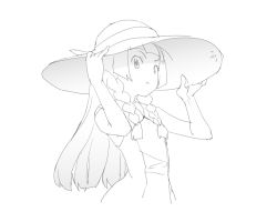 Rule 34 | 10s, 1girl, :&lt;, braid, creatures (company), dress, game freak, greyscale, hat, lillie (pokemon), long hair, looking at viewer, monochrome, nintendo, ookamiuo, pokemon, pokemon sm, simple background, solo, sun hat, twin braids, upper body, white background