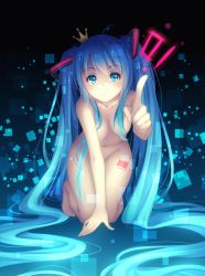 Rule 34 | 1girl, :/, arm support, barcode, barefoot, blue eyes, blue hair, breasts, censored, convenient censoring, crown, hair censor, hatsune miku, highres, kneeling, leaning forward, long hair, matching hair/eyes, mini crown, nude, pointing, solo, tidsean, twintails, very long hair, vocaloid
