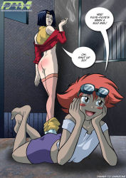 Rule 34 | 2girls, ass, bare shoulders, barefoot, bike shorts, blush stickers, cigarette, clothes pull, cowboy bebop, edward wong hau pepelu tivrusky iv, faye valentine, feet up, full body, goggles, goggles on head, hairband, jacket, lying, multiple girls, no panties, no pants, on floor, on stomach, orange hair, palcomix, parted bangs, pink legwear, purple shorts, red ass, red jacket, shorts, shorts pull, skinny, smile, smokeing, smoking, spanked, speech bubble, standing, strap slip, tagme, thighhighs, yellow hairband