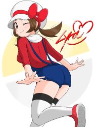 Rule 34 | ;), blue overalls, bow, brown eyes, brown hair, cabbie hat, character name, closed mouth, creatures (company), eyelashes, from behind, game freak, hat, hat bow, highres, leg up, looking at viewer, looking back, lyra (pokemon), nintendo, one eye closed, overalls, pokemon, pokemon hgss, red bow, red footwear, red shirt, shirt, shoes, sleeves past elbows, smile, thighhighs, twintails, white thighhighs, ya mari mo 3