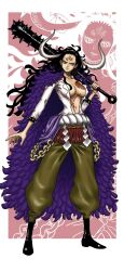 Rule 34 | armlet, black hair, breasts, club, club (weapon), coat, curled horns, full body, fur coat, genderswap, genderswap (mtf), highres, holding, holding weapon, horns, kaidou (one piece), kanabou, large breasts, long hair, looking at viewer, one piece, open clothes, purple coat, rope, shimenawa, shirt, spiked armlet, standing, weapon, white shirt, yellow eyes, zuberubar