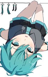 Rule 34 | 1girl, absurdres, alternate hair length, alternate hairstyle, aqua eyes, aqua hair, auhuheben17, blush, clothes hanger, commentary, detached hair, detached sleeves, grey shirt, hatsune miku, headphones, highres, knees up, looking at viewer, lying, miku day, necktie, on back, open mouth, pleated skirt, shirt, short hair, sketch, skirt, sleeveless, sleeveless shirt, solo, upside-down, vocaloid, white background
