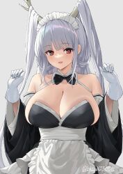 Rule 34 | 1girl, apron, azur lane, batsu, black bow, black bowtie, black dress, bow, bowtie, breasts, cleavage, dress, gloves, highres, horns, large breasts, long hair, long sleeves, looking at viewer, maid, maid apron, open mouth, red eyes, shimanto (azur lane), shimanto (the comfy dragon god) (azur lane), shirt, simple background, smile, solo, upper body, white apron, white background, white gloves, white hair, wide sleeves