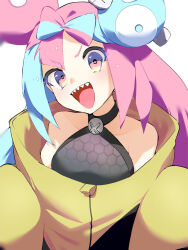 Rule 34 | 1girl, :d, blurry, bow-shaped hair, character hair ornament, collarbone, commentary request, creatures (company), game freak, green hair, grey shirt, hair ornament, head tilt, highres, iono (pokemon), jacket, looking at viewer, multicolored hair, nintendo, open mouth, pink eyes, pink hair, pokemon, pokemon sv, sharp teeth, shirt, sleeveless, sleeveless shirt, smile, solo, teeth, tomitacchi, tongue, two-tone hair, upper body, upper teeth only, white background, yellow jacket
