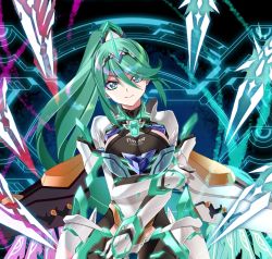 Rule 34 | 1girl, armor, breasts, chest jewel, earrings, gem, gloves, greek text, green eyes, green hair, headpiece, highres, jewelry, large breasts, long hair, pneuma (xenoblade), ponytail, raynartfr, solo, swept bangs, tiara, very long hair, xenoblade chronicles (series), xenoblade chronicles 2