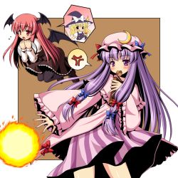 Rule 34 | 2girls, :q, angry, bat wings, book, braid, cookie, female focus, fire, food, hair ribbon, hat, hat ribbon, head wings, kirisame marisa, koakuma, long hair, multiple girls, patchouli knowledge, purple eyes, purple hair, red eyes, red hair, ribbon, skirt, embodiment of scarlet devil, tongue, tongue out, touhou, wings, witch, witch hat, yamasan