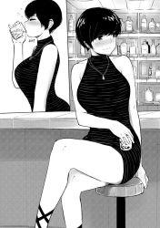 Rule 34 | 1girl, alchohol, bar (place), bar stool, bare legs, bare shoulders, black dress, black eyes, black hair, black theme, blush, bottle, breasts, chair, closed eyes, commentary, counter, crossed legs, cup, dress, drinking, drinking glass, female focus, glass, greyscale, holding, holding cup, holding drinking glass, indoors, jewelry, large breasts, monochrome, necklace, norman maggot, nose blush, olive laurentia, original, panels, pendant, pinky out, pixie cut, short dress, short hair, sitting, sleeveless, sleeveless dress, solo, source request, stool, striped clothes, striped dress, thick thighs, thighs