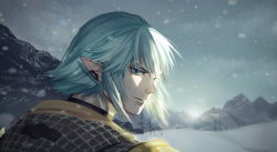 Rule 34 | 1boy, aqua eyes, aqua hair, blue sky, closed mouth, dama (sindygao), elezen, elf, final fantasy, final fantasy xiv, haurchefant de fortemps, haurchefant greystone, highres, looking at viewer, looking back, male focus, mountain, nature, outdoors, pointy ears, short hair, sky, snow, snowing, solo, upper body, winter