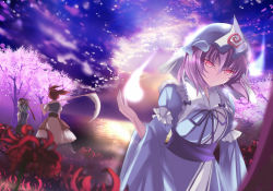 Rule 34 | 3girls, arm ribbon, back, bad id, bad pixiv id, blue dress, blue sky, cherry blossoms, dress, female focus, field, flower, flower field, ghost, green hair, hat, hat ribbon, juliet sleeves, lake, long sleeves, looking at viewer, marionette (excle), multiple girls, onozuka komachi, over shoulder, pink eyes, pink hair, puffy sleeves, red hair, ribbon, saigyouji yuyuko, sash, scythe, shiki eiki, shirt, short sleeves, skirt, sky, spider lily, touhou, tree, triangular headpiece, twintails, two side up, veil, vest, wide sleeves