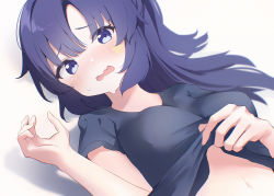 Rule 34 | 1girl, absurdres, black shirt, blue archive, clothes lift, highres, lifted by self, light blush, long hair, looking at viewer, lying, mashiro latte (msrn39), midriff, on back, open mouth, parted bangs, purple eyes, purple hair, shirt, shirt lift, short sleeves, sidelocks, solo, sportswear, star sticker, sticker on face, sweat, upper body, yuuka (blue archive), yuuka (track) (blue archive)
