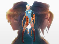 Rule 34 | 3girls, ahoge, armband, back-to-back, backlighting, black footwear, blonde hair, blue eyes, blue headwear, bodypaint, boots, braid, breasts, brown hair, cammy white, commentary request, covered navel, elbow gloves, elbow pads, expressionless, facial scar, fingerless gloves, forehead, full body, garrison cap, gloves, hair over one eye, hand on own hip, hat, heattech leotard, highleg, highleg leotard, huge ahoge, juli (street fighter), juni (street fighter), knee boots, kuroneco, leather, leather boots, leotard, long braid, long hair, low-tied long hair, multiple girls, necktie, portrait, red gloves, ribbed leotard, scar, scar on cheek, scar on face, shadaloo dolls, short hair, short necktie, shoulder pads, single elbow pad, small breasts, solo focus, standing, street fighter, street fighter zero (series), turtleneck, twin braids, very long hair, white background, yellow neckwear
