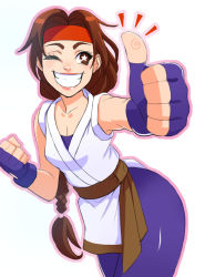 Rule 34 | 1girl, blue gloves, braid, breasts, brown hair, cleavage, fingerless gloves, gloves, greenmarine, grin, headband, highres, hip focus, leaning forward, long hair, one eye closed, ryuuko no ken, smile, solo, star-shaped pupils, star (symbol), symbol-shaped pupils, the king of fighters, thighs, thumbs up, very long hair, yuri sakazaki
