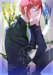 Rule 34 | 1boy, absurdres, black shirt, blue flower, character name, collared shirt, ensemble stars!, flower, green necktie, highres, long sleeves, looking at viewer, male focus, multicolored hair, necktie, parted lips, red hair, sakasaki natsume, shirt, short hair, solo, white hair, yaito (user vave4343), yellow eyes, yellow flower