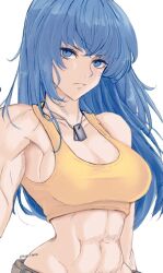 Rule 34 | 1girl, abs, bare shoulders, blue eyes, blue hair, breasts, crop top, dog tags, hair down, ikari hime, large breasts, leona heidern, long hair, muscular, muscular female, simple background, sleeveless, solo, tank top, the king of fighters, the king of fighters xv, white background, yellow tank top