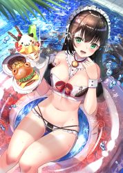 Rule 34 | 1girl, :3, :d, absurdres, alternate costume, bare legs, bell, bikini, black hair, breasts, burger, cheese, cherry, cleavage, commentary, curry, curry rice, detached collar, detached sleeves, enmaided, female focus, floating, food, from above, fruit, glint, green eyes, hair between eyes, highres, holding, holding tray, huge filesize, innertube, leaf, lettuce, long hair, looking at viewer, lower teeth only, maid, maid bikini, maid headdress, medium breasts, neck bell, omelet, omurice, open mouth, original, parfait, plate, pool, rice, smile, solo, stomach, swim ring, swimsuit, teeth, thighs, tomato, tray, unconventional maid, wanderlucia, wrist cuffs
