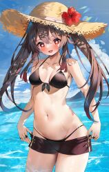 Rule 34 | 1girl, beach, black shorts, blush, brown hair, flower, flower-shaped pupils, genshin impact, hat, highres, hu tao (genshin impact), jewelry, long hair, looking at viewer, open mouth, plum blossoms, red eyes, ring, shorts, symbol-shaped pupils, thighs, tsukise miwa, twintails