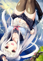 Rule 34 | 1girl, :d, arm up, black skirt, blue bra, bra, bra visible through clothes, breasts, brown thighhighs, collarbone, commentary request, highres, knees up, long hair, long sleeves, looking at viewer, lying, medium breasts, moe2021, navel, no shoes, ochinsama, on back, open mouth, original, pleated skirt, red eyes, ripples, school uniform, see-through, serafuku, shirt, skirt, smile, solo, thighhighs, underwear, very long hair, water, wet, wet clothes, wet shirt, white hair, white shirt