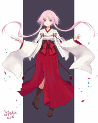 Rule 34 | 1girl, absurdres, blush, boots, brown footwear, confetti, dated, flower, hair flower, hair ornament, hand fan, high heel boots, high heels, highres, holding, holding fan, japanese clothes, knee boots, long hair, looking at viewer, miko, original, pink hair, purple eyes, saikou-iro aurora, signature, smile, solo, twintails
