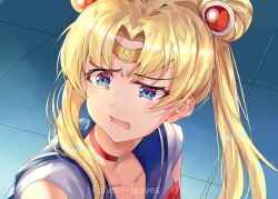 1girl bishoujo_senshi_sailor_moon blonde_hair blue_background blue_eyes collarbone fallen-leaves floor hairband highres long_hair looking_at_viewer meme open_mouth sailor_moon sailor_moon_redraw_challenge_(meme) school_uniform serafuku solo twintails upper_body