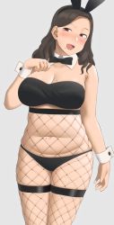 Rule 34 | 1girl, animal ears, black panties, blush, bodysuit, bow, bowtie, breasts, brown eyes, brown hair, cleavage, detached collar, fishnet bodysuit, fishnet pantyhose, fishnets, grey background, head tilt, highres, large breasts, leotard, looking at viewer, mole, mole on breast, mole on stomach, mole on thigh, navel, open mouth, original, panties, pantyhose, playboy bunny, plump, rabbit ears, ryokucha michi, skindentation, smile, solo, standing, thigh strap, underwear, wing collar, wrist cuffs