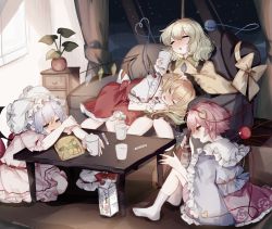 Rule 34 | 4girls, alcohol, arms on table, bag of chips, bat wings, blonde hair, blouse, blue shirt, blush, bottle, bow, carton, closed eyes, coffee table, collared shirt, commentary request, couch, cup, curtains, dress, drooling, drunk, eyeball, fang, flandre scarlet, frilled shirt, frilled shirt collar, frilled skirt, frilled sleeves, frills, green hair, hairband, hand on another&#039;s head, hat, hat ribbon, heart, heart of string, highres, holding, holding bottle, holding cup, indoors, komeiji koishi, komeiji satori, lap pillow, light purple hair, long sleeves, looking at another, mob cap, multiple girls, night, object on head, on floor, open mouth, pink dress, pink hair, pink skirt, plant, puffy short sleeves, puffy sleeves, red bow, red eyes, red ribbon, red skirt, red vest, remilia scarlet, ribbon, ribbon-trimmed collar, ribbon trim, sash, shirt, short hair, short sleeves, siblings, sisters, sitting, skirt, sleeping, sleeping on person, sleeping upright, socks, sorani (kaeru0768), squeans, table, third eye, touhou, unworn footwear, unworn headwear, vest, wavy hair, white legwear, white shirt, wide sleeves, window, window blinds, wings, wrist cuffs, yellow ribbon, yellow shirt