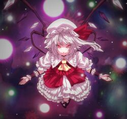 Rule 34 | 1girl, alternate costume, alternate hair color, alternate wing color, alternate wings, arm tattoo, artist name, black wristband, blush, chest tattoo, commentary, corruption, crossover, dark persona, dress, english commentary, english text, flandre scarlet, floating, glowing, glowing eyes, hair ribbon, hat, highres, looking at viewer, nail, nail polish, neckerchief, orochi (kof), outstretched arms, ponytail, possessed, possession, red eyes, red nails, ribbon, shoes, side ponytail, slit pupils, smile, snk, solo, space, spread arms, star (symbol), sun, sun tattoo, tan, tattoo, the king of fighters, touhou, ultragruntyy, white hair, wings, wrist cuffs, zun