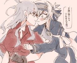 Rule 34 | 2girls, ainu clothes, bad id, bad twitter id, blue eyes, blue hair, blush, breasts, brown gloves, commentary request, dress, eye contact, scar on face, fang, gangut (kancolle), gloves, grey hair, hand on another&#039;s head, headband, itomugi-kun, kamoi (kancolle), kantai collection, lap pillow, large breasts, long hair, looking at another, multicolored hair, multiple girls, no headwear, no headwear, no jacket, open mouth, red eyes, red shirt, remodel (kantai collection), scar, scar on cheek, scar on face, shirt, smile, translation request, white hair, yuri