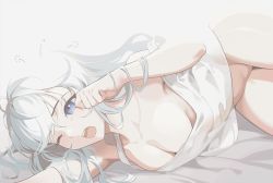 Rule 34 | 1girl, armpit peek, bare shoulders, blue eyes, bottomless, breasts, cleavage, commentary request, crotch, highres, light blush, long hair, lying, medium breasts, messy hair, no bra, on side, one eye closed, open mouth, rwby, sleepy, solo, squeans, strap slip, tank top, tearing up, thighs, waking up, wangxiii, weiss schnee, white hair, white tank top, yawning