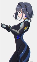 Rule 34 | 1girl, absurdres, black bodysuit, black hair, blue eyes, blue hair, blush, bodysuit, bow, bow earrings, breasts, closed mouth, dark blue hair, earrings, from side, grey background, hair intakes, hairband, hands up, headgear, highres, hololive, hololive english, jewelry, large breasts, magui3, neon genesis evangelion, ouro kronii, plugsuit, profile, short hair, simple background, skin tight, solo, virtual youtuber