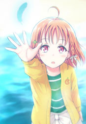 Rule 34 | 1girl, aqua feathers, artist name, artist request, blue feathers, blush, braid, breasts, clover hair ornament, feathers, female focus, flower, green shirt, hair flower, hair ornament, highres, jacket, long sleeves, looking at viewer, love live!, love live! sunshine!!, open clothes, open jacket, orange hair, pants, parted lips, reaching, reaching towards viewer, reaching up, red eyes, shirt, short hair, side braid, small breasts, smile, solo, striped clothes, striped shirt, takami chika, white flower, white pants, yellow jacket