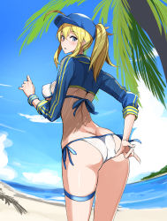 Rule 34 | 1girl, absurdres, adjusting clothes, adjusting swimsuit, ahoge, artoria pendragon (fate), ass, beach, bikini, blonde hair, blue eyes, blue jacket, blue sky, blush, breasts, butt crack, cloud, covered erect nipples, day, fate/grand order, fate (series), feet out of frame, from behind, highres, isao, jacket, looking at viewer, medium breasts, mountainous horizon, mysterious heroine x (fate), mysterious heroine xx (fate), outdoors, palm tree, ponytail, side-tie bikini bottom, sidelocks, sky, solo, swimsuit, thigh strap, tree, water, wristband