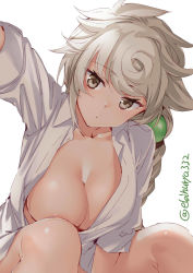 Rule 34 | 1girl, alternate costume, areola slip, asymmetrical hair, blouse, blush, braid, braided ponytail, breasts, brown eyes, collared shirt, ebifurya, feet out of frame, highres, jitome, kantai collection, large breasts, long hair, open clothes, open shirt, reaching, reaching towards viewer, shirt, simple background, single braid, sitting, solo, twitter username, unryuu (kancolle), very long hair, white background, white hair, white shirt