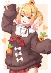 Rule 34 | 1girl, :d, arm up, blonde hair, blush, bow, brown sweater, commentary request, cowboy shot, fang, flower, gradient hair, green eyes, hair flower, hair ornament, hairclip, highres, hololive, long sleeves, looking at viewer, miniskirt, momosuzu nene, momosuzu nene (casual), multicolored hair, nail polish, neckerchief, nekko (momosuzu nene), nyan (reinyan 007), official alternate costume, open mouth, orange nails, pink hair, plaid, plaid neckerchief, plaid neckwear, plaid skirt, red neckerchief, red skirt, short hair, simple background, skin fang, skirt, sleeves past fingers, sleeves past wrists, smile, solo, standing, sweater, twintails, v, virtual youtuber, white bow, white flower