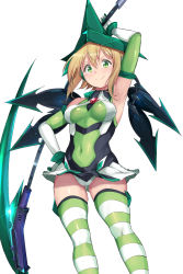 Rule 34 | 10s, 1girl, akatsuki kirika, alp, arm up, armpits, bare shoulders, blonde hair, blush, breasts, breasts apart, commentary request, covered navel, elbow gloves, gloves, gluteal fold, green eyes, green leotard, hand on own hip, headgear, highres, holding, holding weapon, legs apart, leotard, looking at viewer, medium breasts, scythe, senki zesshou symphogear, shiny clothes, shiny skin, short hair, simple background, skin tight, skirt, smile, solo, standing, striped clothes, striped thighhighs, thighhighs, weapon, white background