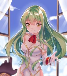 Rule 34 | 1boy, 1girl, absurdres, blue sky, blush, bodysuit, breasts, c.c., cleavage, closed mouth, code geass, code geass: fukkatsu no lelouch, collarbone, day, gloves, gold trim, green hair, highres, lelouch vi britannia, leotard, long hair, long sleeves, looking at viewer, medium breasts, pov, red neckwear, sky, smile, upper body, white gloves, white leotard, window, yaya chan, yellow eyes