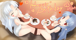 Rule 34 | 00s, 2girls, blue hair, blush stickers, cake, cake slice, chocolate cake, closed eyes, cup, eating, english text, food, fork, from above, from behind, happy birthday, kaze (koneko no yomeiri), len (tsukihime), long hair, looking back, looking up, multiple girls, one-piece swimsuit, plate, pointy ears, red eyes, school swimsuit, silver hair, sitting, smile, strawberry shortcake, swimsuit, table, tea, teacup, tsukihime, white len (tsukihime), white one-piece swimsuit, white school swimsuit
