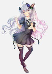Rule 34 | 1girl, absurdres, ahoge, assault lily, black ribbon, black skirt, black thighhighs, blue ribbon, brown footwear, butterfly hair ornament, buttons, commentary, cropped jacket, frilled skirt, frills, full body, gradient hair, grey background, grey hair, hair between eyes, hair ornament, hair ribbon, hand on own chest, hands up, heel up, highres, ikumi takumi, imagawa homare, jewelry, loafers, long hair, looking at viewer, miniskirt, multicolored hair, neck ribbon, parted lips, pink hair, pleated skirt, puffy short sleeves, puffy sleeves, purple eyes, ribbon, ring, school uniform, shirt, shoes, short sleeves, simple background, skirt, solo, standing, thighhighs, two-tone hair, two side up, underbust, very long hair, wavy hair, white shirt, yurigaoka girls academy school uniform, zettai ryouiki