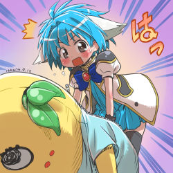Rule 34 | 00s, 1girl, ^^^, animal ears, blue hair, blue skirt, blush, caught, costume, dated, funasshii, galaxy angel, highres, isedaichi ken, looking at viewer, mascot costume, mint blancmanche, open mouth, rectangular mouth, short hair, signature, skirt, solo, thighhighs, yellow eyes