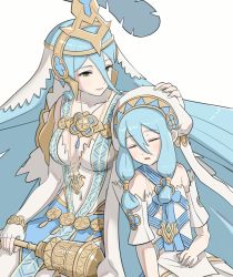 Rule 34 | 2girls, arete (fire emblem), azura (fire emblem), blue hair, breasts, dual persona, elbow gloves, closed eyes, feathers, fingerless gloves, fire emblem, fire emblem fates, fire emblem heroes, gloves, gonzarez, hair between eyes, hair ornament, hand on another&#039;s head, holding, holding scepter, jewelry, long hair, medium breasts, mother and daughter, multiple girls, nintendo, parted lips, pendant, scepter, simple background, sleeping, time paradox, veil, white background, white gloves, yellow eyes, aged down