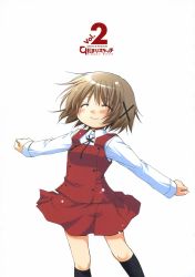 Rule 34 | 00s, 1girl, ^ ^, black thighhighs, blush, breasts, brown hair, closed eyes, cowboy shot, dress, female focus, hair ornament, hairclip, hidamari sketch, highres, long sleeves, outstretched arms, red dress, school uniform, serafuku, short hair, simple background, small breasts, smile, solo, spread arms, standing, thighhighs, white background, x hair ornament, yamabuki high school uniform, yuno (hidamari sketch), zettai ryouiki